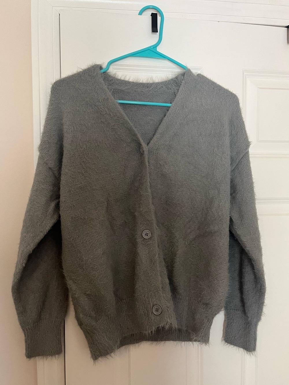fuzzy gray button-up v-neck sweater